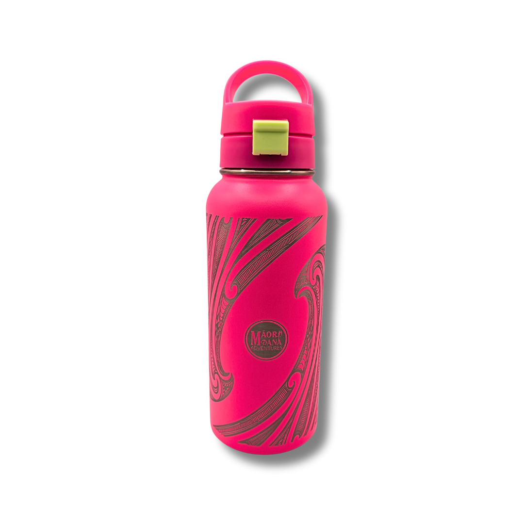 Pink water bottle with a  maori design and pink lid 